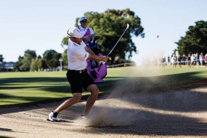 Apr 22, 2023; Adelaide,South Australia, AUS; Talor Gooch of Team Rangegoats hits a bunker shot during the second round of LIV Golf Adelaide golf tournament at Grange Golf Club. Mandatory Credit: Mike Frey-USA TODAY Sports