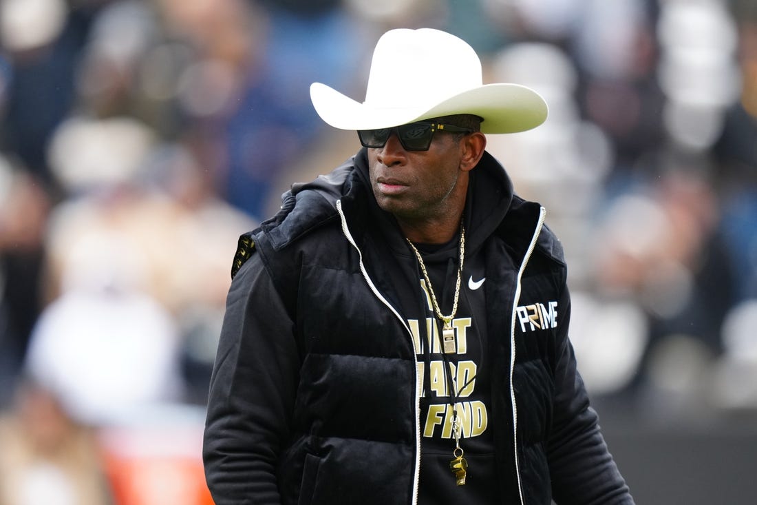 Apr 22, 2023; Boulder, CO, USA; Colorado Buffaloes head coach Deion Sanders before the start of the spring game at Folsom Filed. Mandatory Credit: Ron Chenoy-USA TODAY Sports