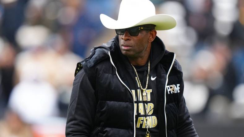 Apr 22, 2023; Boulder, CO, USA; Colorado Buffaloes head coach Deion Sanders before the start of the spring game at Folsom Filed. Mandatory Credit: Ron Chenoy-USA TODAY Sports