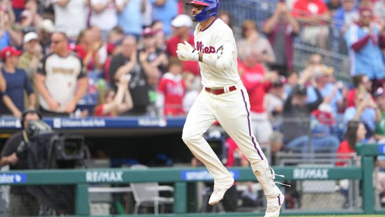 Apr 22, 2023; Philadelphia, Pennsylvania, USA;  Philadelphia Phillies right fielder Nick Castellanos (8) rounds the bases after hitting a home run against the Colorado Rockies during the second inning at Citizens Bank Park. Mandatory Credit: Gregory Fisher-USA TODAY Sports