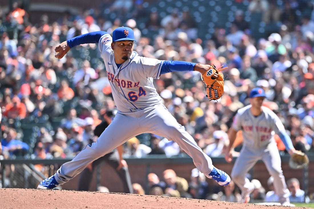Apr 22, 2023; San Francisco, California, USA; New York Mets pitcher Edwin Uceta (64) throws a pitch against the San Francisco Giants during the sixth inning at Oracle Park. Mandatory Credit: Robert Edwards-USA TODAY Sports