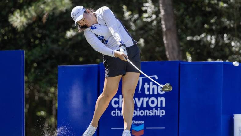 Apr 22, 2023; The Woodlands, Texas, USA; Allisen Corpuz (USA) hits off the 16th during the third round of The Chevron Championship golf tournament. Mandatory Credit: Thomas Shea-USA TODAY Sports