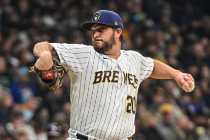 Apr 22, 2023; Milwaukee, Wisconsin, USA; Milwaukee Brewers pitcher Wade Miley (20) throws a pitch in the second inning against the Boston Red Sox at American Family Field. Mandatory Credit: Benny Sieu-USA TODAY Sports