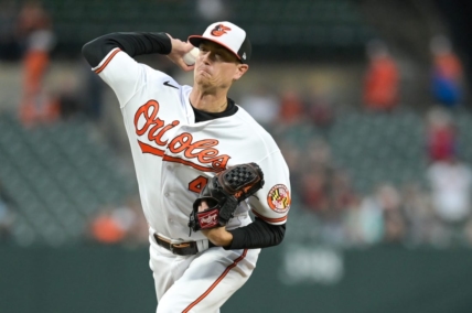 Apr 22, 2023; Baltimore, Maryland, USA;  Baltimore Orioles starting pitcher Kyle Gibson (48) throws a first inning pitch against the Detroit Tigers at Oriole Park at Camden Yards. Mandatory Credit: Tommy Gilligan-USA TODAY Sports