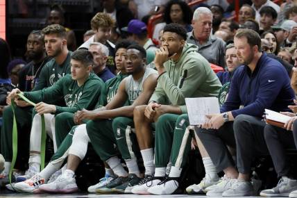 Apr 22, 2023; Miami, Florida, USA; Milwaukee Bucks forward Giannis Antetokounmpo (34) looks on from the bench in the second quarter against the Miami Heat during game three of the 2023 NBA Playoffs at Kaseya Center. Mandatory Credit: Sam Navarro-USA TODAY Sports