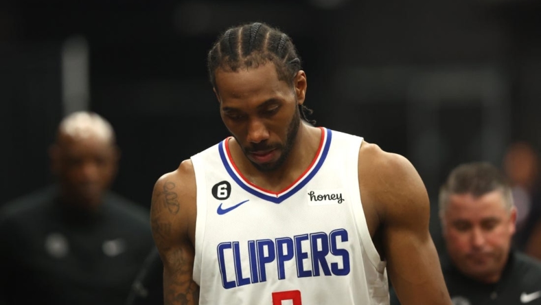Apr 18, 2023; Phoenix, Arizona, USA; Los Angeles Clippers forward Kawhi Leonard (2) reacts following the game against the Phoenix Suns during game two of the 2023 NBA playoffs at Footprint Center. Mandatory Credit: Mark J. Rebilas-USA TODAY Sports