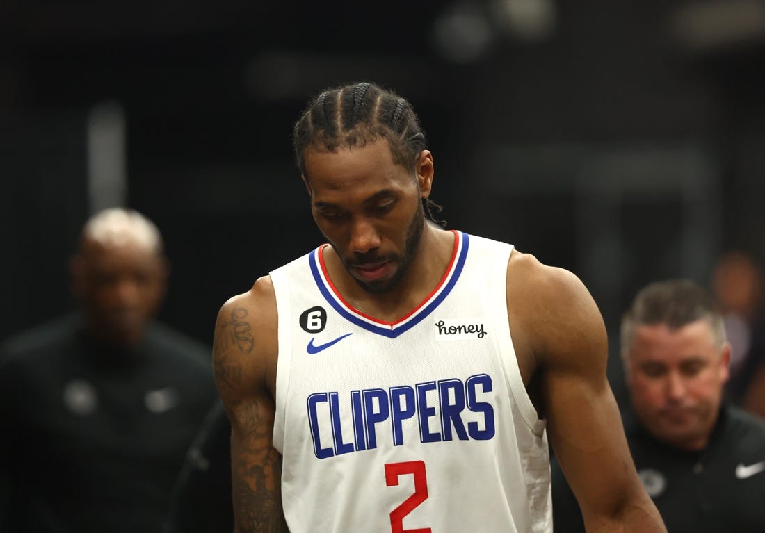 Apr 18, 2023; Phoenix, Arizona, USA; Los Angeles Clippers forward Kawhi Leonard (2) reacts following the game against the Phoenix Suns during game two of the 2023 NBA playoffs at Footprint Center. Mandatory Credit: Mark J. Rebilas-USA TODAY Sports