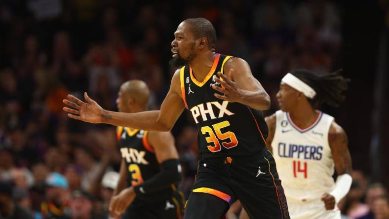 Apr 18, 2023; Phoenix, Arizona, USA; Phoenix Suns forward Kevin Durant (35) against the Los Angeles Clippers during game two of the 2023 NBA playoffs at Footprint Center. Mandatory Credit: Mark J. Rebilas-USA TODAY Sports