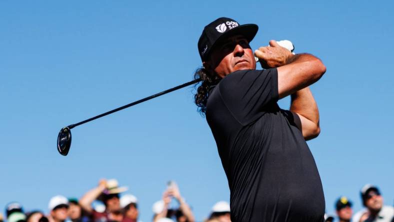 Apr 23, 2023; Adelaide, South Australia, AUS; Pat Perez of Team Aces hits a shot during the final round of LIV Golf Adelaide golf tournament at Grange Golf Club. Mandatory Credit: Mike Frey-USA TODAY Sports