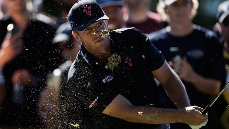 Apr 23, 2023; Adelaide, South Australia, AUS; Talor Gooch  of Team Rangegoats hits a shot during the final round of LIV Golf Adelaide golf tournament at Grange Golf Club. Mandatory Credit: Mike Frey-USA TODAY Sports