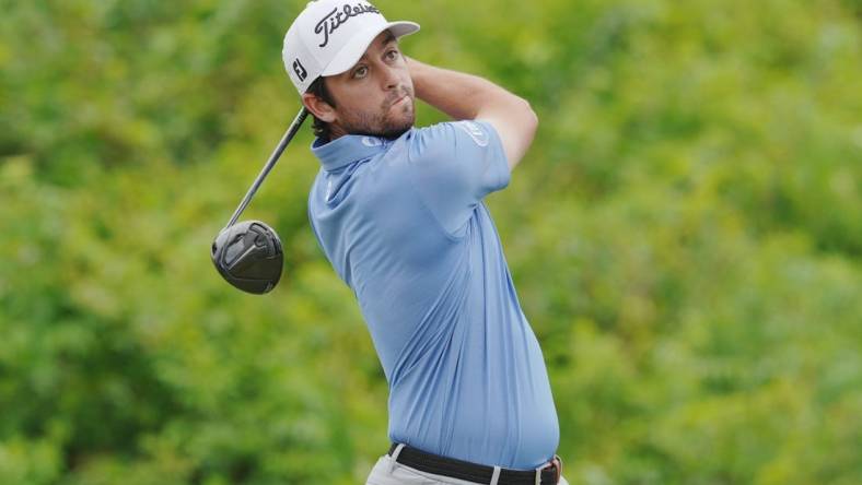 Apr 23, 2023; Avondale, Louisiana, USA; Davis Riley hits a tee shot on the second hole during the final round of the Zurich Classic of New Orleans golf tournament. Mandatory Credit: Andrew Wevers-USA TODAY Sports