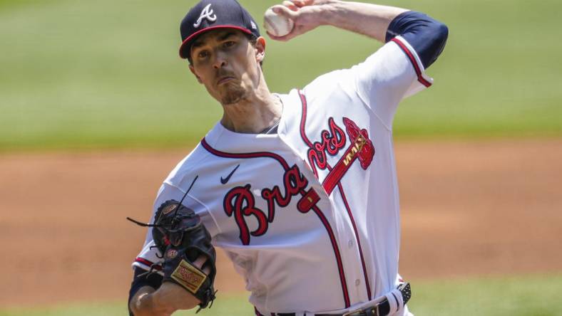 Apr 23, 2023; Cumberland, Georgia, USA; Atlanta Braves starting pitcher Max Fried (54) pitches against the Houston Astros during the first inning at Truist Park. Mandatory Credit: Dale Zanine-USA TODAY Sports