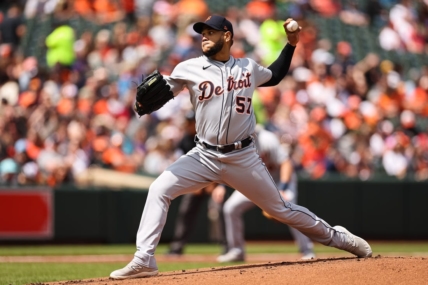 Apr 23, 2023; Baltimore, Maryland, USA; Detroit Tigers starting pitcher Eduardo Rodriguez (57) pitches against the Baltimore Orioles during the first inning at Oriole Park at Camden Yards. Mandatory Credit: Scott Taetsch-USA TODAY Sports