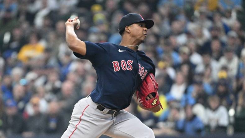 Apr 23, 2023; Milwaukee, Wisconsin, USA; Boston Red Sox starting pitcher Brayan Bello (66) delivers against the Milwaukee Brewers in the first inning at American Family Field. Mandatory Credit: Michael McLoone-USA TODAY Sports