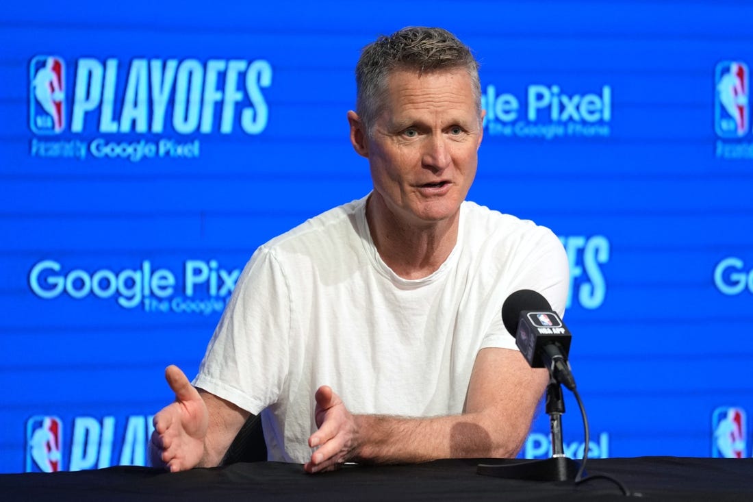 Apr 23, 2023; San Francisco, California, USA; Golden State Warriors head coach Steve Kerr talks to media members before game four of the 2023 NBA playoffs against the Sacramento Kings at Chase Center. Mandatory Credit: Darren Yamashita-USA TODAY Sports