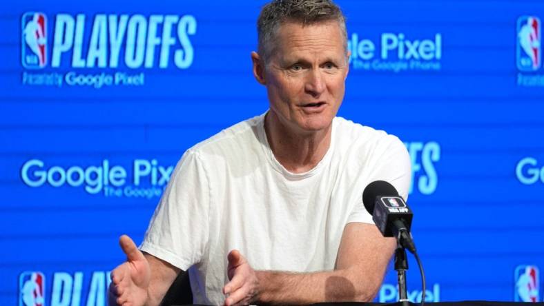 Apr 23, 2023; San Francisco, California, USA; Golden State Warriors head coach Steve Kerr talks to media members before game four of the 2023 NBA playoffs against the Sacramento Kings at Chase Center. Mandatory Credit: Darren Yamashita-USA TODAY Sports