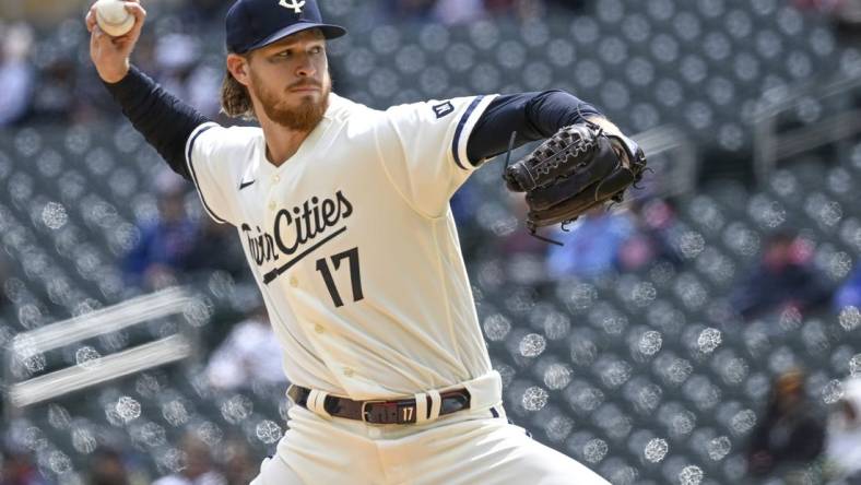 Apr 23, 2023; Minneapolis, Minnesota, USA;  Minnesota Twins pitcher Bailey Ober (17) delivers against the Washington Nationals at Target Field. Mandatory Credit: Nick Wosika-USA TODAY Sports