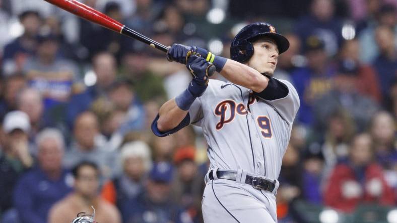 Apr 24, 2023; Milwaukee, Wisconsin, USA;  Detroit Tigers third baseman Nick Maton (9) hits a home run during the third inning against the Milwaukee Brewers at American Family Field. Mandatory Credit: Jeff Hanisch-USA TODAY Sports