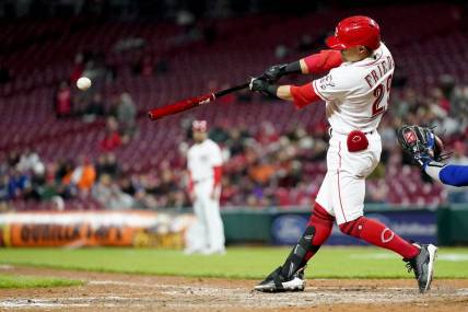 Cincinnati Reds center fielder TJ Friedl (29) hits a walk-off single to score Cincinnati Reds second baseman Jonathan India (6) (not pictured) in the ninth inning during a baseball game between the Texas Rangers at the Cincinnati Reds,, Monday, April 24, 2023, at Great American Ball Park in Cincinnati. The Cincinnati Reds won, 7-6.

Texas Rangers At Cincinnati Reds April 24 328