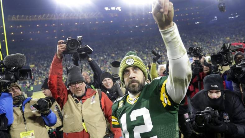 Green Bay Packers quarterback Aaron Rodgers (12) leaves the field following the Packers' victory over the Seattle Seahawks during their NFC divisional round playoff football game on Sunday, January 12, 2020, at Lambeau Field in Green Bay, Wis. Green Bay defeated Seattle 28-23.

Apc Packers Vs Seahawks 2210 011220 Wag