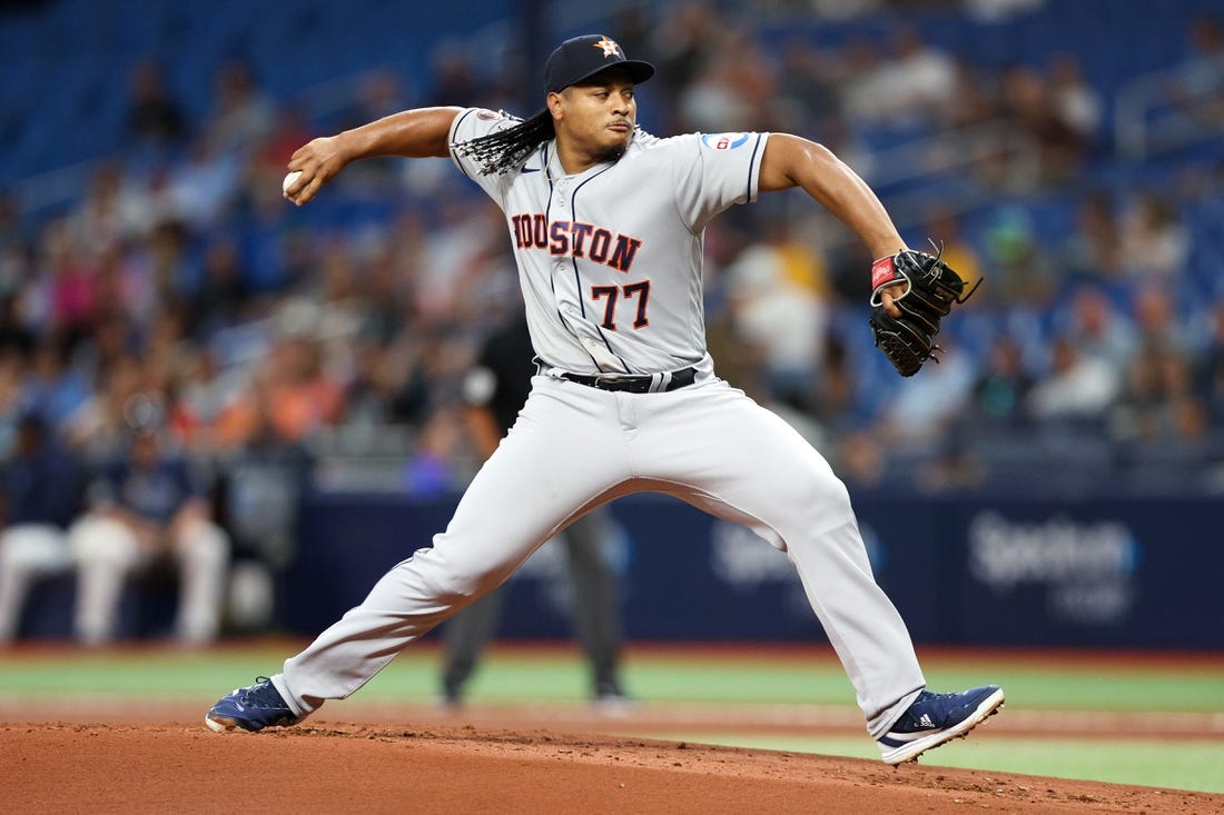 Apr 25, 2023; St. Petersburg, Florida, USA;  Houston Astros starting pitcher Luis Garcia (77) throws a pitch against the Tampa Bay Rays in the first inning at Tropicana Field. Mandatory Credit: Nathan Ray Seebeck-USA TODAY Sports