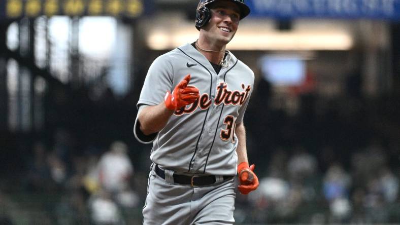 Apr 25, 2023; Milwaukee, Wisconsin, USA; Detroit Tigers right fielder Kerry Carpenter (30) rounds the bases after hitting a home run against the Milwaukee Brewers in the second inning at American Family Field. Mandatory Credit: Michael McLoone-USA TODAY Sports