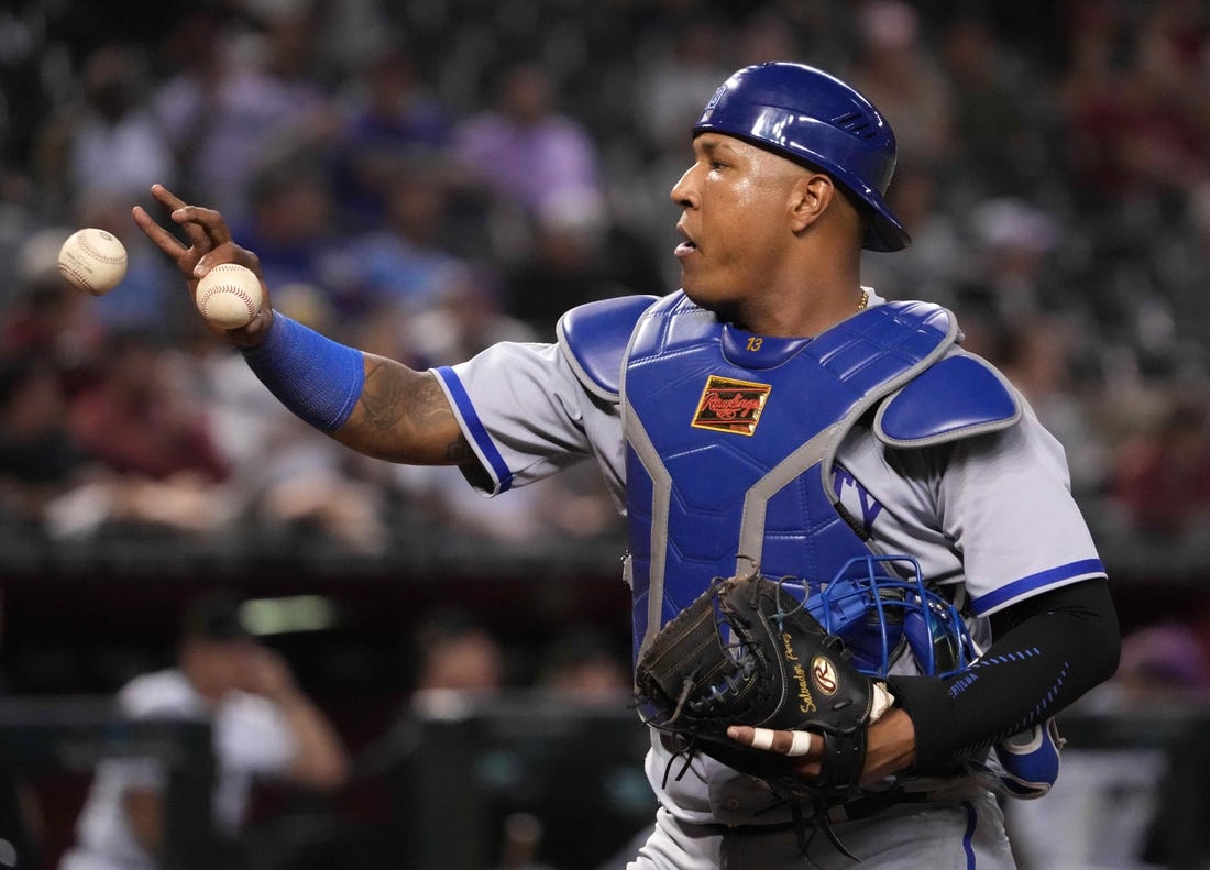 Apr 25, 2023; Phoenix, Arizona, USA; Kansas City Royals catcher Salvador Perez (13) looks on against the Arizona Diamondbacks during the seventh inning at Chase Field. Mandatory Credit: Joe Camporeale-USA TODAY Sports