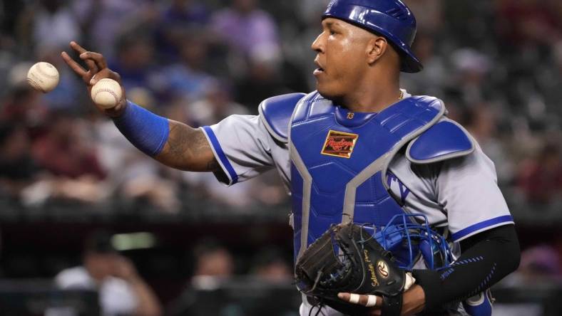 Apr 25, 2023; Phoenix, Arizona, USA; Kansas City Royals catcher Salvador Perez (13) looks on against the Arizona Diamondbacks during the seventh inning at Chase Field. Mandatory Credit: Joe Camporeale-USA TODAY Sports