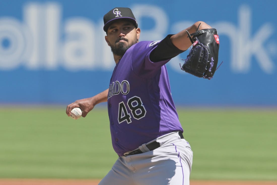 Apr 26, 2023; Cleveland, Ohio, USA; Colorado Rockies starting pitcher German Marquez (48) throws a pitch during the first inning against the Cleveland Guardians at Progressive Field. Mandatory Credit: Ken Blaze-USA TODAY Sports