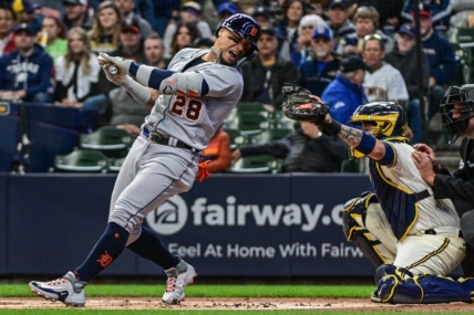 Apr 26, 2023; Milwaukee, Wisconsin, USA; Detroit Tigers shortstop Javier Baez (28) reacts after he was hit by a pitch in the first inning during game against the Milwaukee Brewers at American Family Field. Mandatory Credit: Benny Sieu-USA TODAY Sports