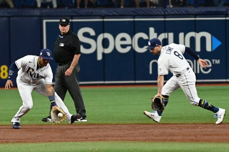 Tampa Bay Rays shortstop Wander Franco fields a ground ball out