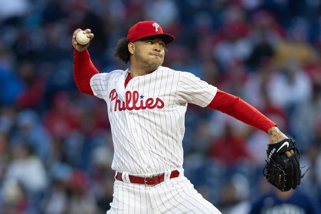 Apr 26, 2023; Philadelphia, Pennsylvania, USA; Philadelphia Phillies starting pitcher Taijuan Walker (99) throws a pitch during the second inning against the Seattle Mariners at Citizens Bank Park. Mandatory Credit: Bill Streicher-USA TODAY Sports