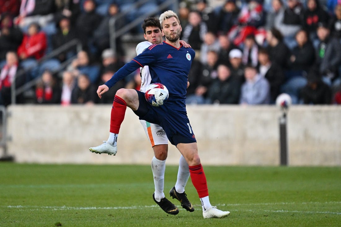 Apr 26, 2023; Bridgeview, IL, USA;  Chicago Fire FC forward Kacper Przybylko (11) takes control of the ball in front of Chicago House AC midfielder Nassouh Kabbani (15) in the first half at SeatGeek Stadium. Mandatory Credit: Jamie Sabau-USA TODAY Sports