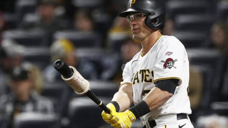 Apr 26, 2023; Pittsburgh, Pennsylvania, USA;  Pittsburgh Pirates pinch hitter Drew Maggi (39) prepares to bat against the Los Angeles Dodgers during the eighth inning at PNC Park. Maggi made his major league debut after spending 13 years and playing in 1,155 games in his  minor league career. The Pirates won 8-1. Mandatory Credit: Charles LeClaire-USA TODAY Sports