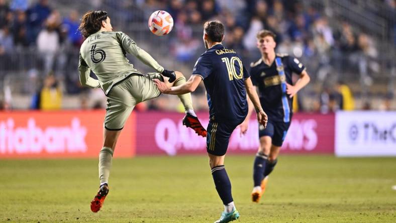 Apr 26, 2023; Chester, PA, USA; Los Angeles FC midfielder Ilie Sanchez (6) and Philadelphia Union midfielder Daniel Gazdag (10) battle for a loose ball in the first half at Subaru Park. Mandatory Credit: Kyle Ross-USA TODAY Sports