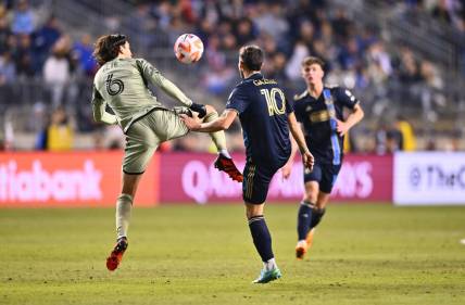 Apr 26, 2023; Chester, PA, USA; Los Angeles FC midfielder Ilie Sanchez (6) and Philadelphia Union midfielder Daniel Gazdag (10) battle for a loose ball in the first half at Subaru Park. Mandatory Credit: Kyle Ross-USA TODAY Sports