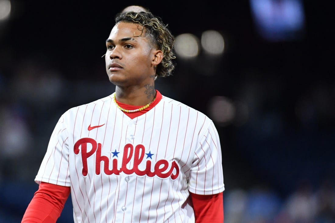 Apr 10, 2023; Philadelphia, Pennsylvania, USA; Philadelphia Phillies center fielder Cristian Pache (19) against the Miami Marlins at Citizens Bank Park. Mandatory Credit: Eric Hartline-USA TODAY Sports