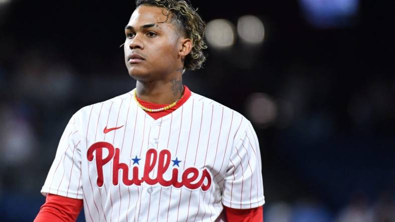 Apr 10, 2023; Philadelphia, Pennsylvania, USA; Philadelphia Phillies center fielder Cristian Pache (19) against the Miami Marlins at Citizens Bank Park. Mandatory Credit: Eric Hartline-USA TODAY Sports