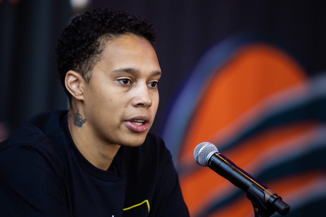 Apr 27, 2023; Phoenix, AZ, USA; Phoenix Mercury center Brittney Griner speaks to the media during a press conference at Footprint Center. Mandatory Credit: Mark J. Rebilas-USA TODAY Sports