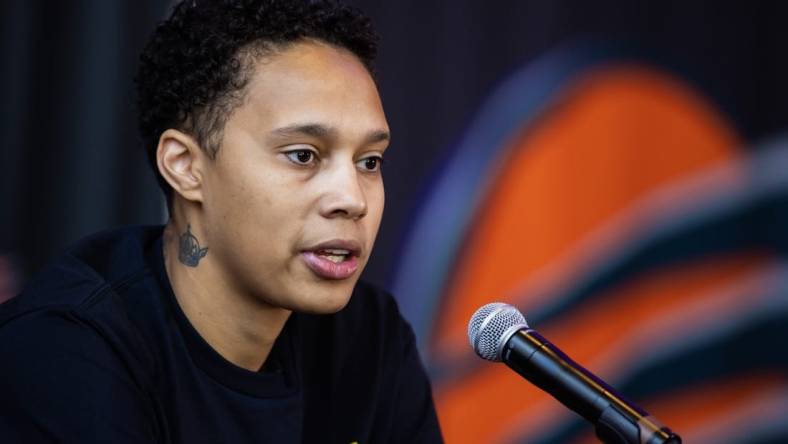 Apr 27, 2023; Phoenix, AZ, USA; Phoenix Mercury center Brittney Griner speaks to the media during a press conference at Footprint Center. Mandatory Credit: Mark J. Rebilas-USA TODAY Sports