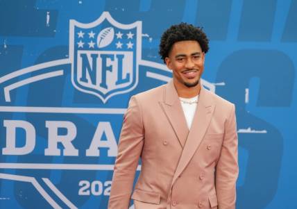 Apr 27, 2023; Kansas City, MO, USA; Alabama quarterback Bryce Young walks the NFL Draft Red Carpet before the first round of the 2023 NFL Draft at Union Station. Mandatory Credit: Kirby Lee-USA TODAY Sports
