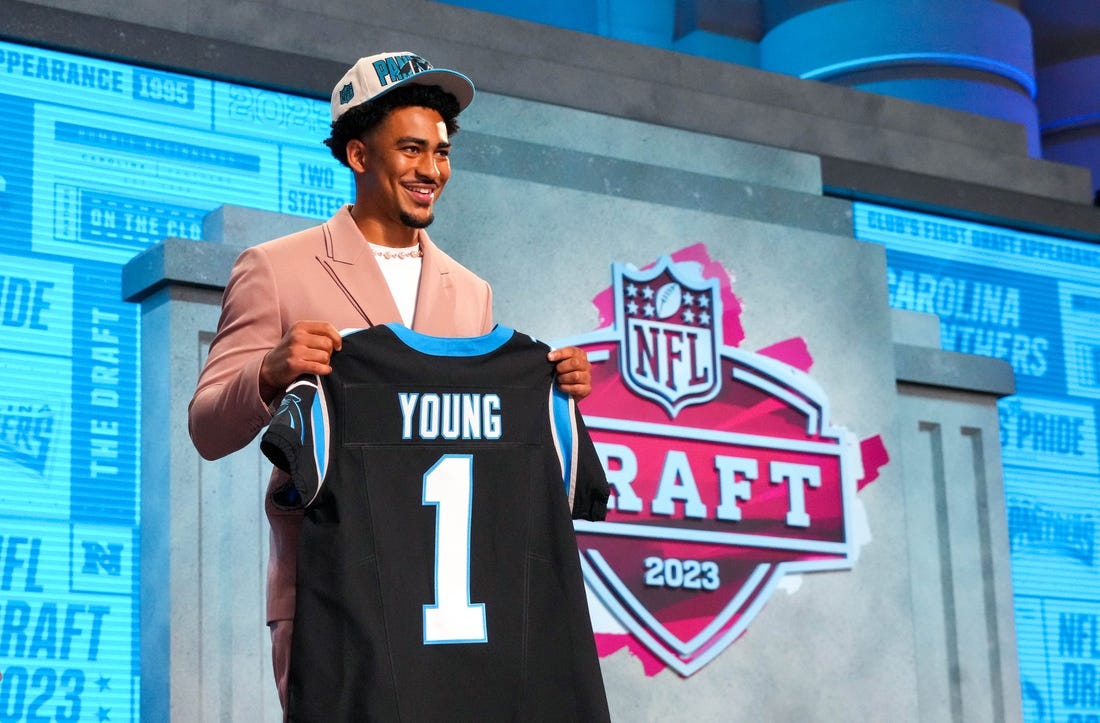 Apr 27, 2023; Kansas City, MO, USA; Alabama quarterback Bryce Young on stage after he was drafted first overall by the Carolina Panthers in the first round of the 2023 NFL Draft at Union Station. Mandatory Credit: Kirby Lee-USA TODAY Sports