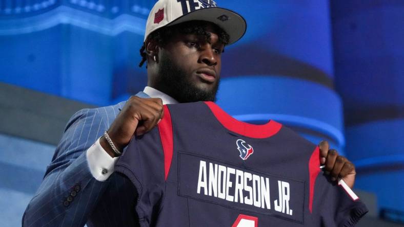 Apr 27, 2023; Kansas City, MO, USA; Alabama linebacker Will Anderson Jr. on stage after being selected by the Houston Texans third overall in the first round of the 2023 NFL Draft at Union Station. Mandatory Credit: Kirby Lee-USA TODAY Sports