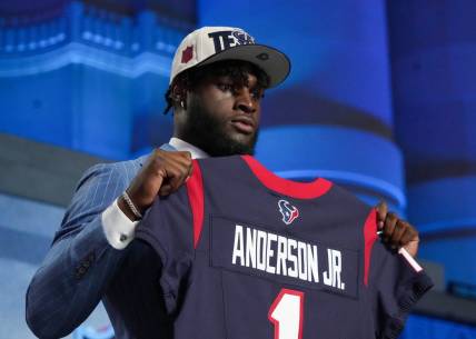Apr 27, 2023; Kansas City, MO, USA; Alabama linebacker Will Anderson Jr. on stage after being selected by the Houston Texans third overall in the first round of the 2023 NFL Draft at Union Station. Mandatory Credit: Kirby Lee-USA TODAY Sports