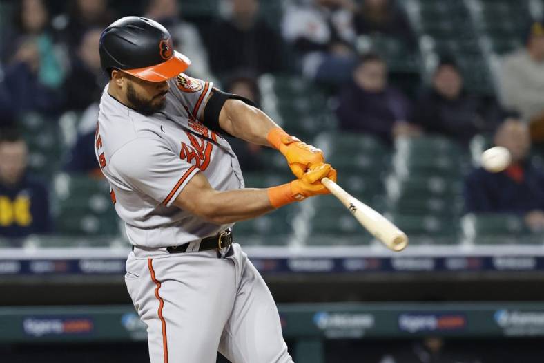 Apr 27, 2023; Detroit, Michigan, USA; Baltimore Orioles right fielder Anthony Santander (25) hits a two run home run in the seventh inning against the Detroit Tigers at Comerica Park. Mandatory Credit: Rick Osentoski-USA TODAY Sports