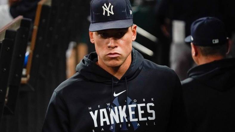 Apr 28, 2023; Arlington, Texas, USA; New York Yankees center fielder Aaron Judge (99) sits in the dugout during during the eighth inning against the Texas Rangers at Globe Life Field. Mandatory Credit: Raymond Carlin III-USA TODAY Sports