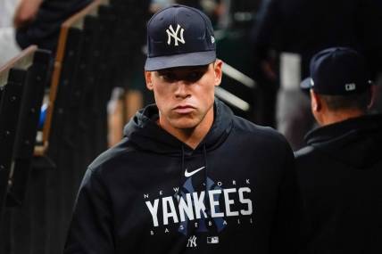 Apr 28, 2023; Arlington, Texas, USA; New York Yankees center fielder Aaron Judge (99) sits in the dugout during during the eighth inning against the Texas Rangers at Globe Life Field. Mandatory Credit: Raymond Carlin III-USA TODAY Sports