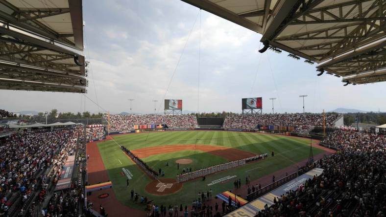 Apr 29, 2023; Mexico City, Mexico; A general overall view of the playing of the Mexican national anthem during a MLB World Tour game between the San Diego Padres and the San Francisco Giants at Estadio Alfredo Harp Helu. Mandatory Credit: Kirby Lee-USA TODAY Sports