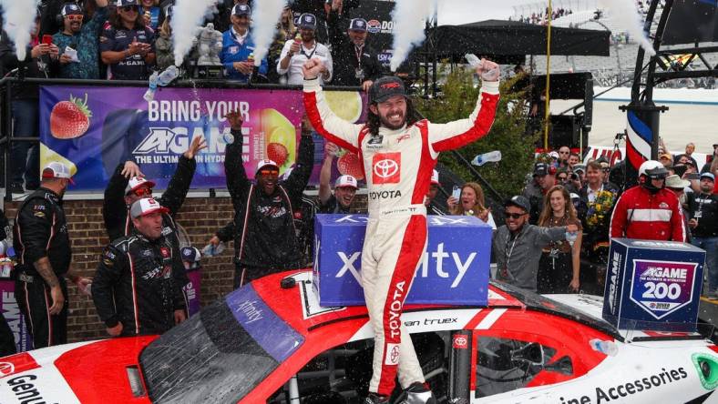 Apr 29, 2023; Dover, Delaware, USA; NASCAR Xfinity Series driver Ryan Truex (19) celebrates in victory lane after winning the A-GAME 200 at Dover Motor Speedway. Mandatory Credit: Matthew OHaren-USA TODAY Sports