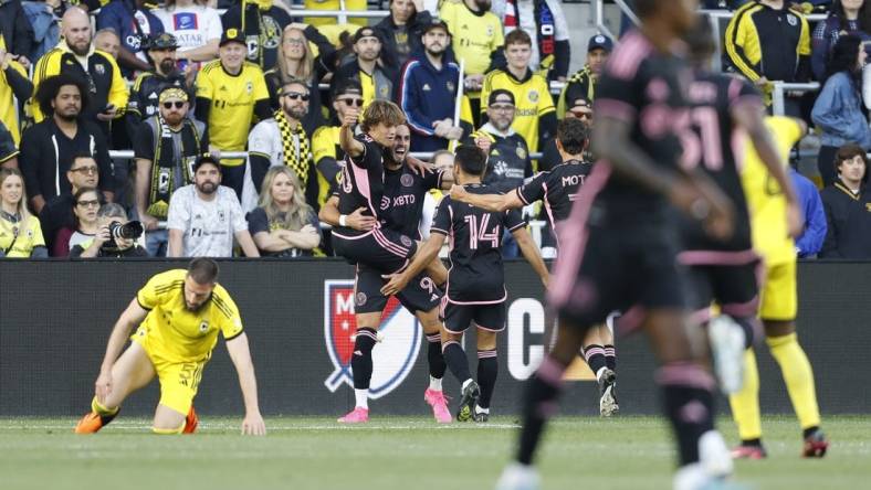 Apr 29, 2023; Columbus, Ohio, USA; Inter Miami CF forward Leonardo Campana (9) celebrates after scoring a opening goal during the first half at Lower.com Field. Mandatory Credit: Joseph Maiorana-USA TODAY Sports